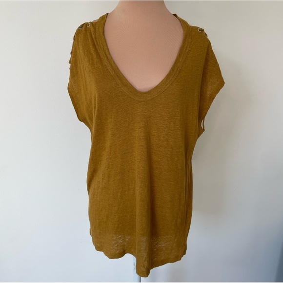IRO Tobacco Brown Yellow Linen Grommet Lace Up Shoulder Ibex Top EUC Size Small - Picture 3 of 10